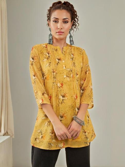 soch mustard georgette floral printed mandarin collar a-line tunic