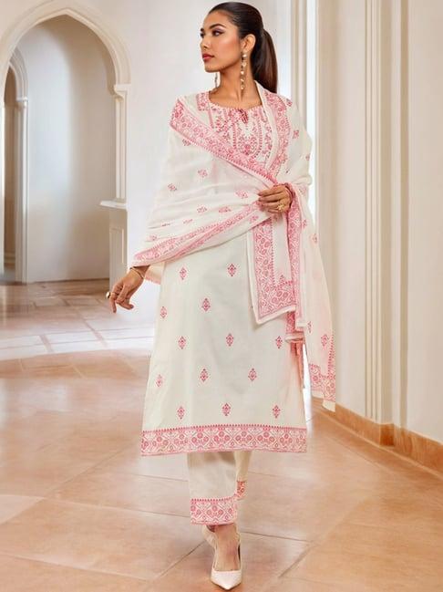 soch white & red cotton floral printed suit set with cutdana details