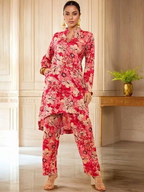 soch pink muslin floral printed co-ord set with faux mirror