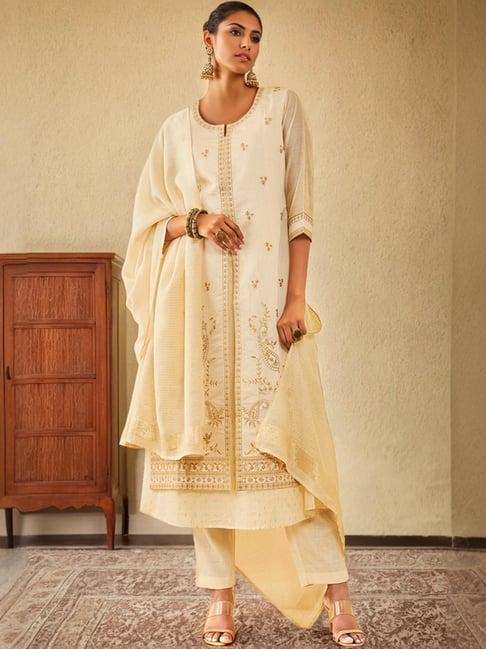 soch cream chanderi floral embroidered suit set with zari