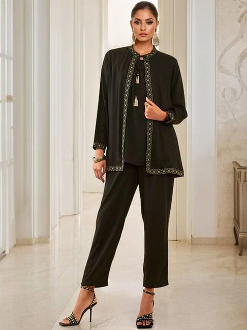 soch black rayon slub three-piece co-ord set with thread work