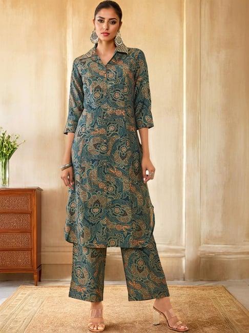 soch teal muslin paisley printed co-ord set with faux mirror work