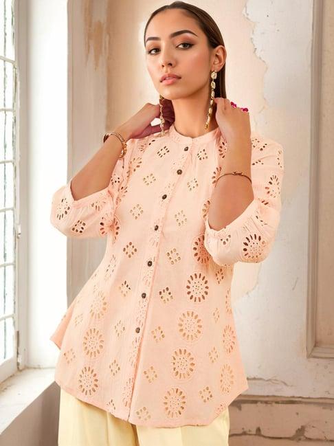 soch womens peach cotton floral schiffli design tunic