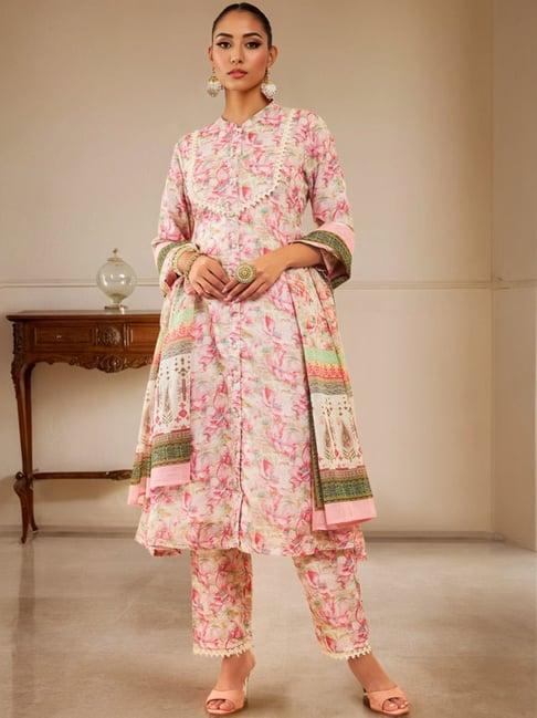 soch womens pink kota floral printed suit set with lace details