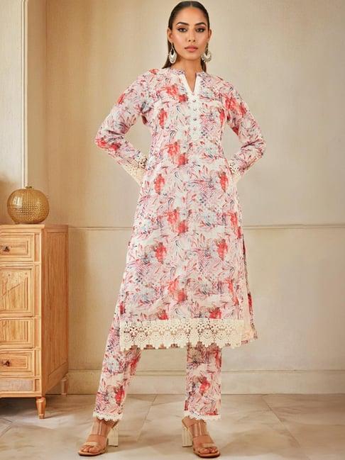 soch womens red kota floral printed kurta set with lace attached