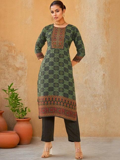 soch womens charcoal muslin ethnic motif printed kurta set with cutdana work