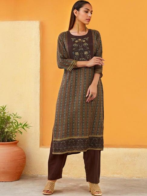 soch womens brown muslin ethnic motif printed kurta set with cutdana work