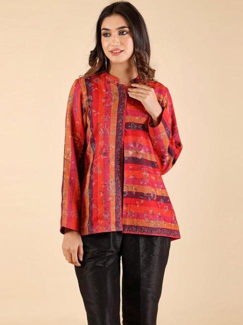 inching india pink & red nihaar striped woollen cape