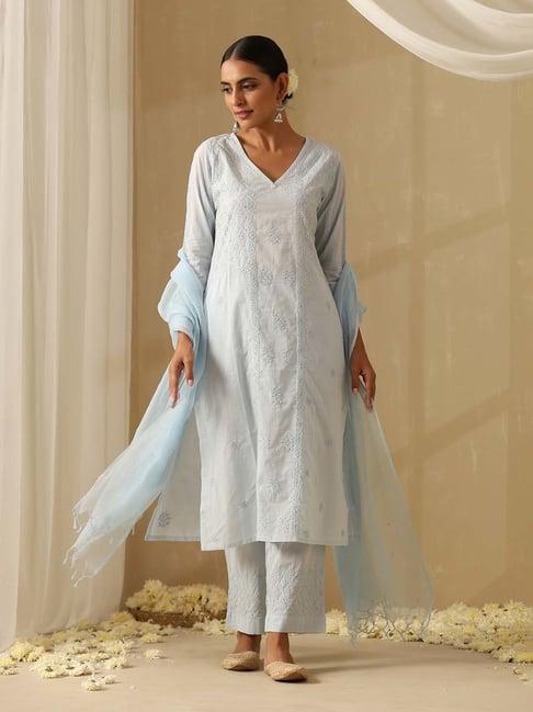 okhai light blue embroidered pure cotton kurta with pant & dupatta