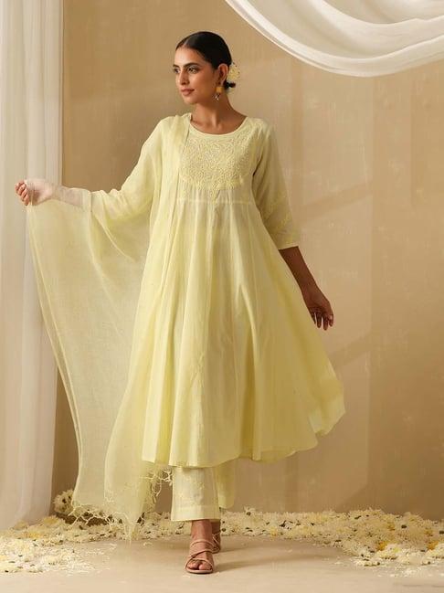 okhai light yellow embroidered pure cotton kurta with pant & dupatta