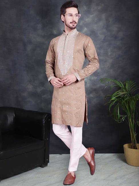 jompers beige & white regular fit embroidered kurta bottom set