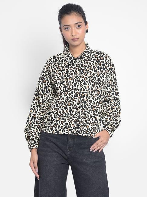 crimsoune club black & white cotton animal print crop shirt