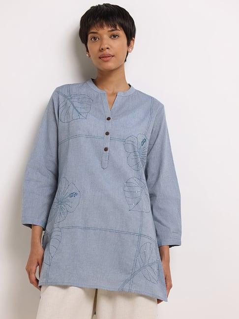 utsa by westside indigo leaf-embroidered kurti