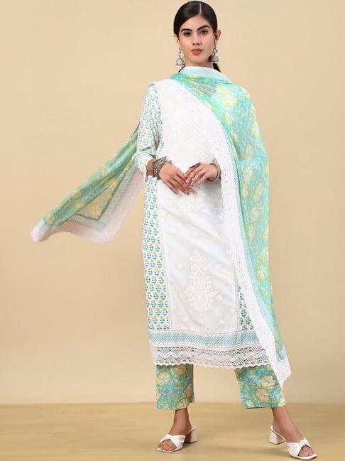 soch womens white & blue floral printed cotton suit set with thread work