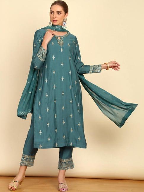 soch womens teal ethnic motifs embroidered chanderi suit set