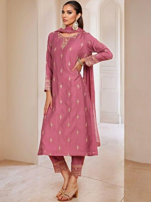 soch womens onion pink ethnic motifs embroidered chanderi suit set