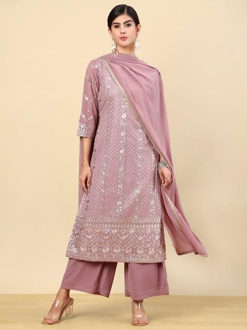 soch womens pink floral embroidered georgette suit set