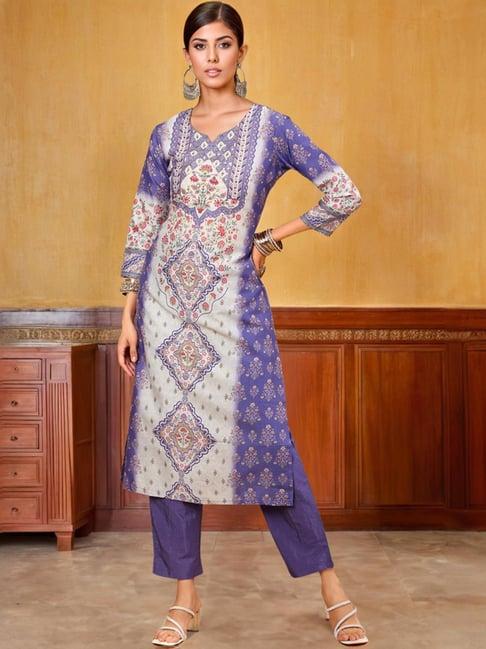 soch womens purple ethnic motifs printed muslin blend kurta set