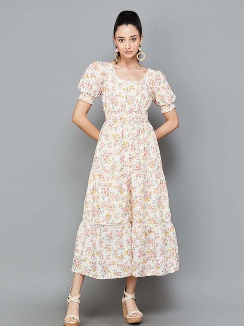 code by lifestyle off-white cotton floral print a-line dress