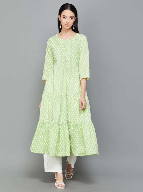 melange by lifestyle sage green cotton floral print a line kurta