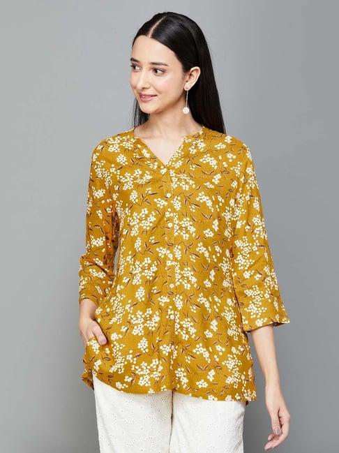 melange by lifestyle yellow floral print straight kurti