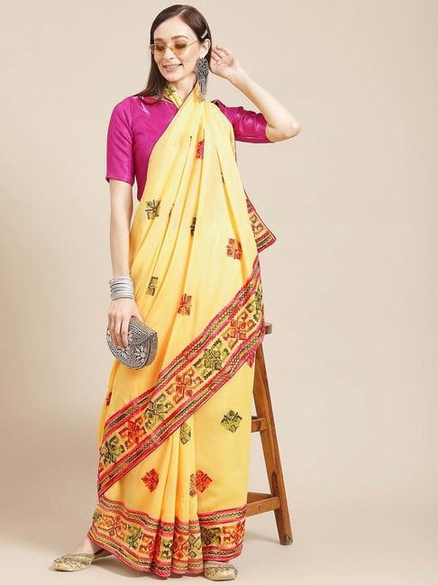 serona fabrics yellow embroidered saree with unstitched blouse