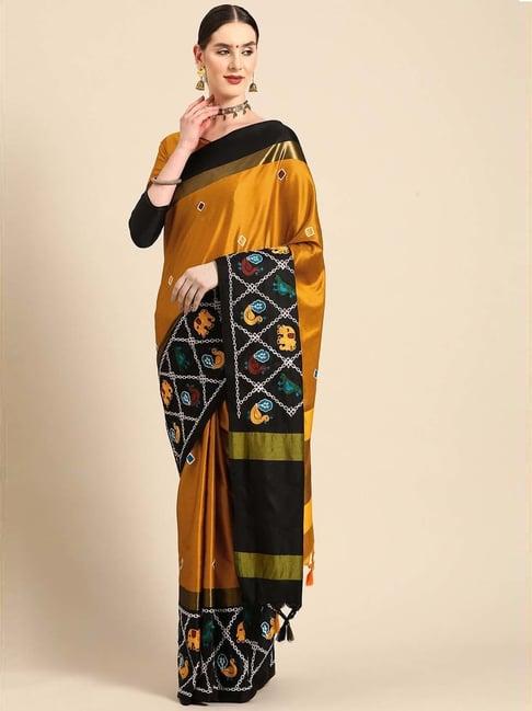 serona fabrics mustard & black embroidered saree with unstitched blouse