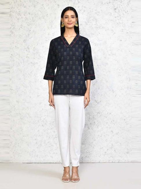 miravan blue cotton printed a line short kurti