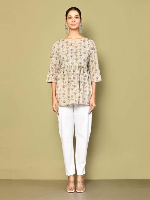 miravan beige cotton printed a line short kurti