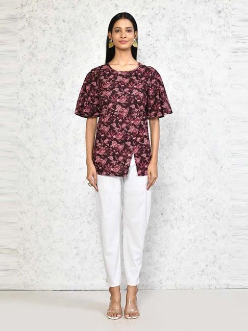 miravan maroon cotton printed a line short kurti