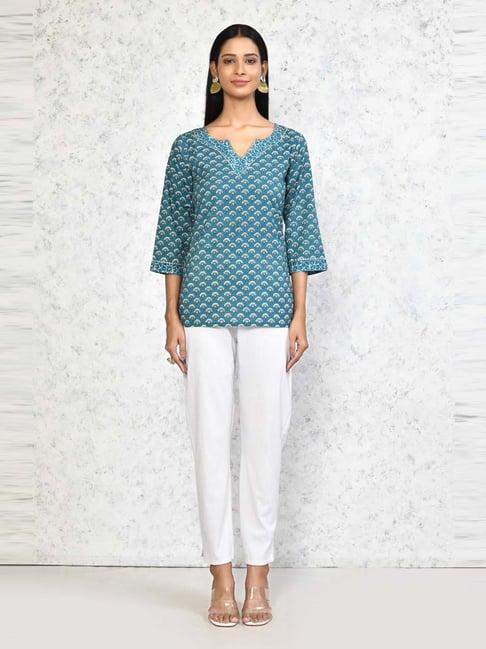 miravan blue cotton printed a line short kurti