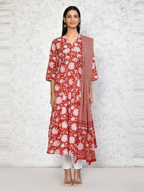 miravan red cotton printed anarkali kurta with dupatta