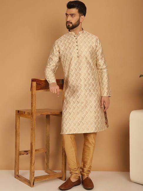 treemoda beige & golden regular fit self pattern kurta bottom set