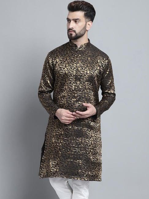 treemoda black golden regular fit floral print kurta