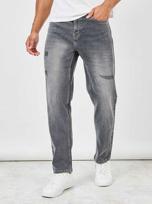 styli grey regular fit lightly washed distressed jeans