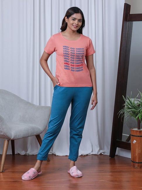 slumber jill peach & teal printed cotton t-shirt with lounge pants