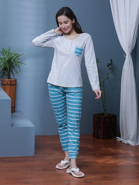 slumber jill blue & grey printed t-shirt with lounge pants