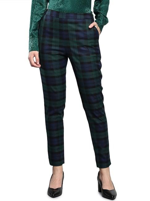 tommy hilfiger green & blue checks slim fit trousers