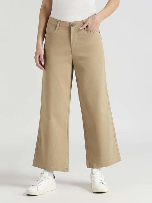 pepe jeans beige cotton mid rise flared trousers