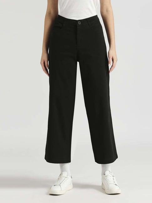 pepe jeans black cotton mid rise flared trousers