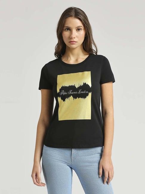 pepe jeans black cotton printed t-shirt