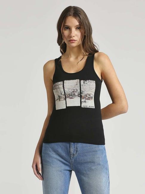 pepe jeans black cotton printed t-shirt