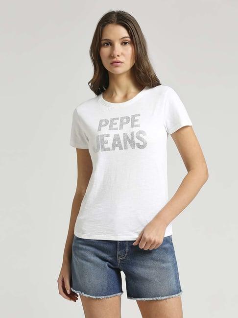 pepe jeans white cotton embellished t-shirt