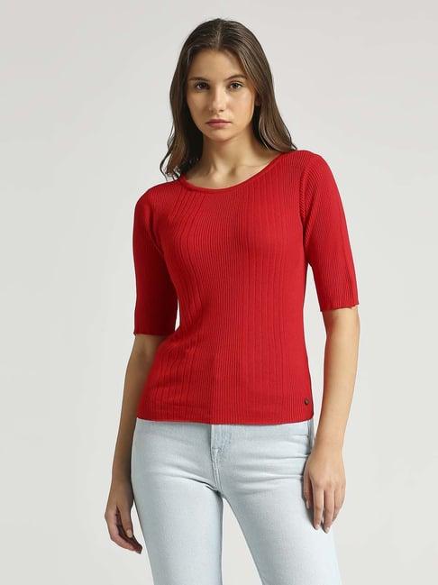 pepe jeans red self pattern top