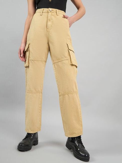 style quotient khaki cotton straight fit high rise cargo jeans