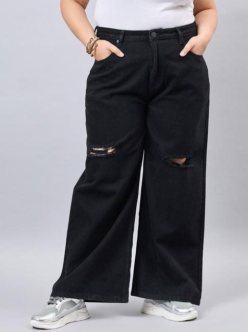 style quotient black cotton distressed regular fit high rise jeans