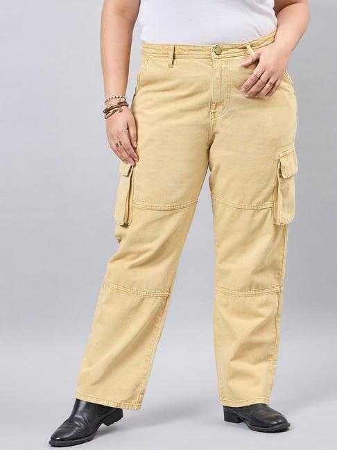 style quotient khaki cotton regular fit high rise cargo jeans