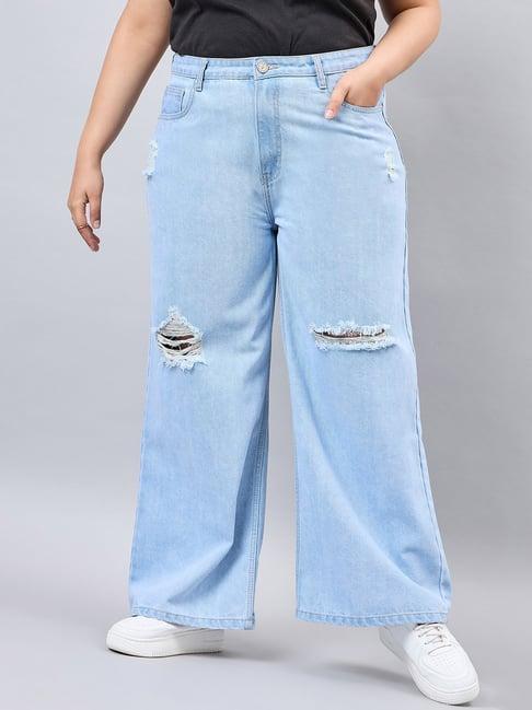 style quotient light blue cotton distressed regular fit high rise jeans