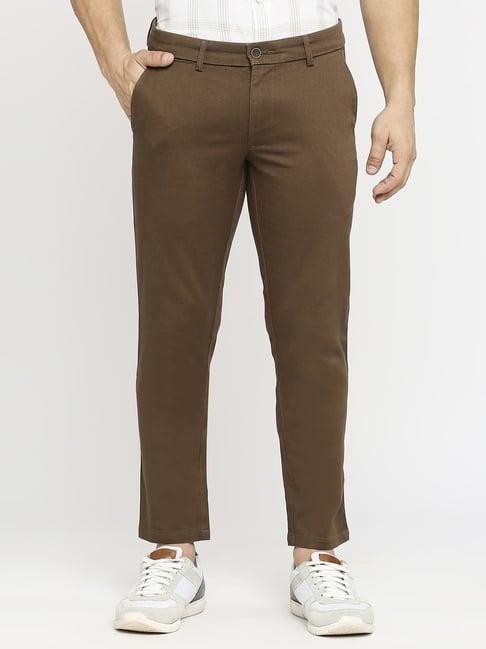 basics beige cotton tapered fit texture trousers