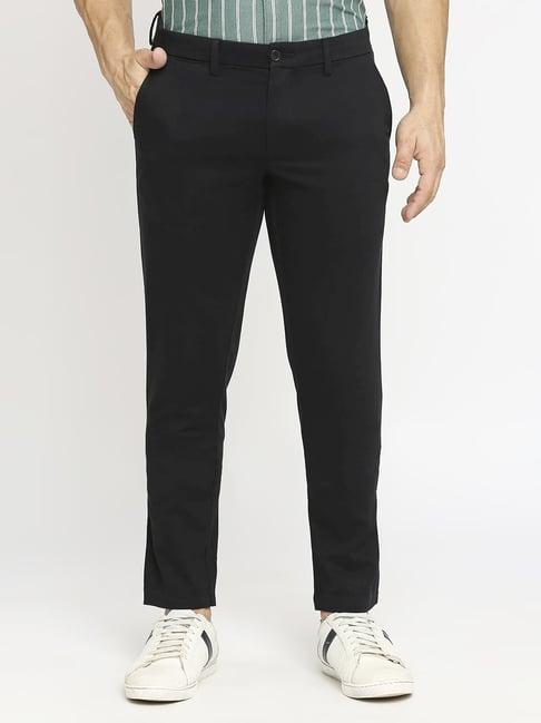 basics black cotton tapered fit texture trousers